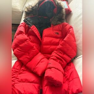 The North Face Vibrant Red Puffer Jacket with Fur Hood
